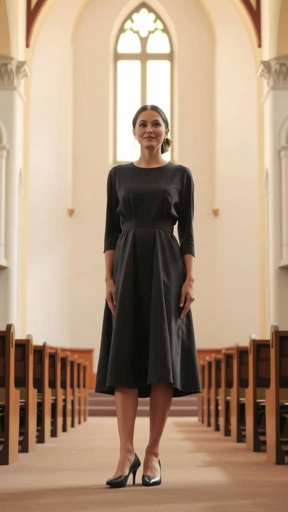 A stylish girl wearing an A-line church dress in a serene church setting, featuring elegant layering and classic footwear.