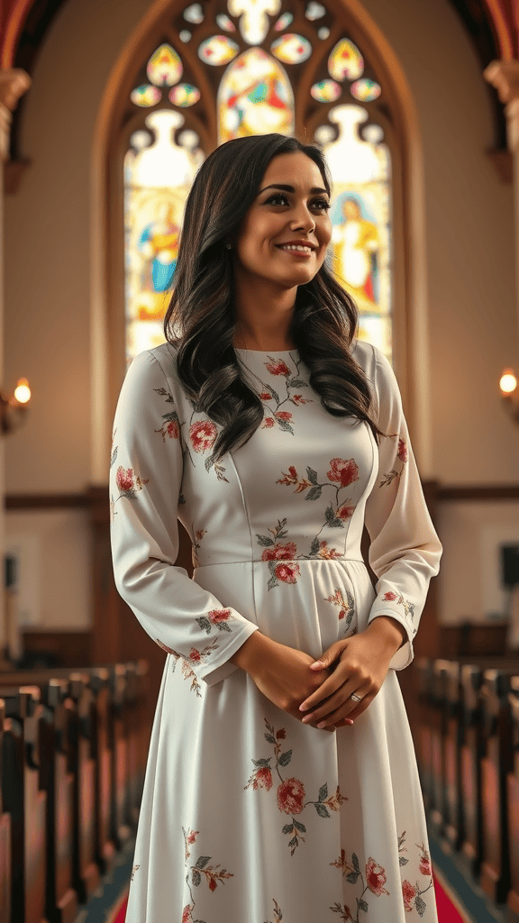 A-line church dress with sleeves displayed in a church setting