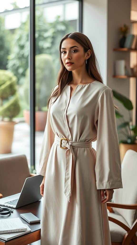 A woman in an A-line dress with a waist belt, standing in an office setting with a professional appearance.