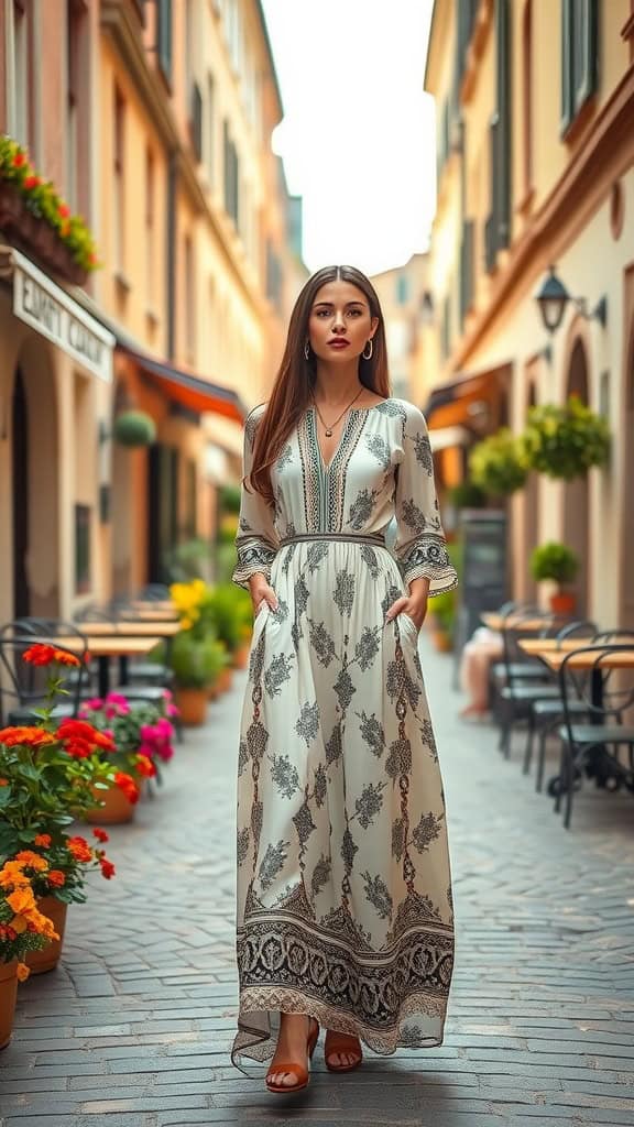 A woman in a stylish A-line maxi dress walking through a picturesque European street lined with flowers.