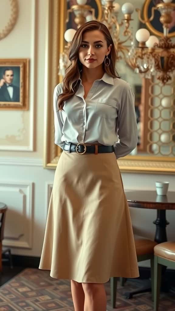 Knee-length A-line skirt with a tucked-in blouse displayed on a mannequin, showcasing a sophisticated old money look.