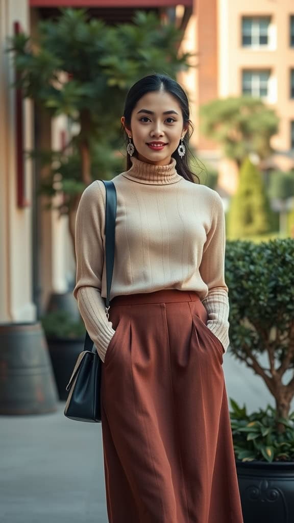 A woman wearing a beige turtleneck and rust-colored A-line skirt, showcasing modern modest fashion.