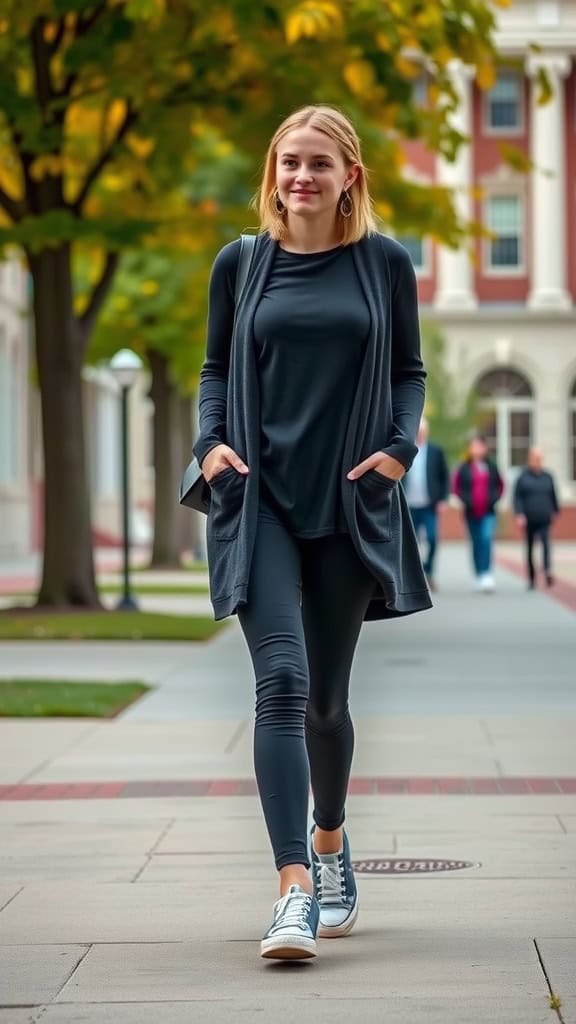 A woman in a modest outfit walking on campus, featuring leggings, a long denim shirt, and sneakers.