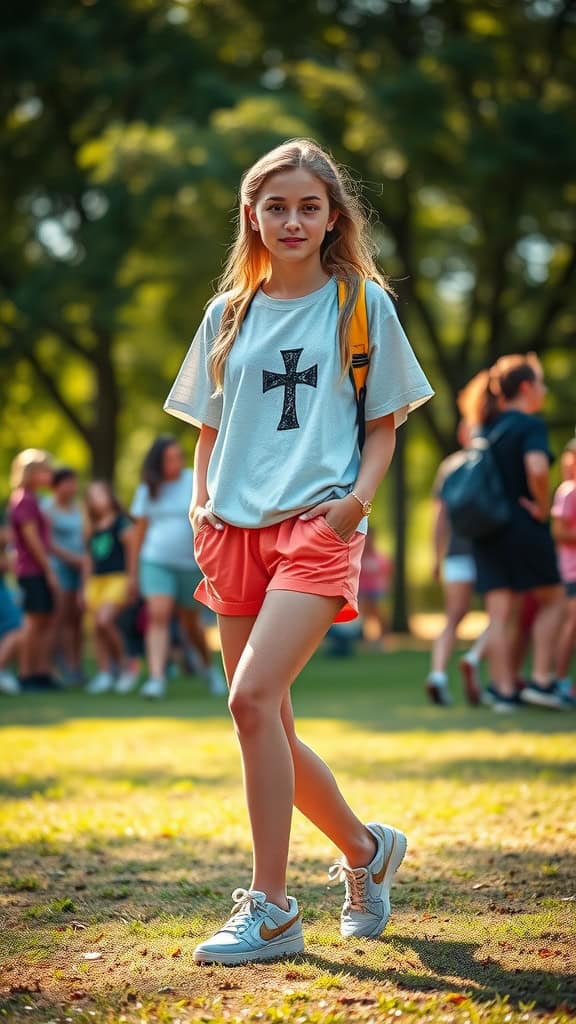 A girl in a gray T-shirt with a cross emblem and peach shorts, showcasing a sporty summer camp outfit.