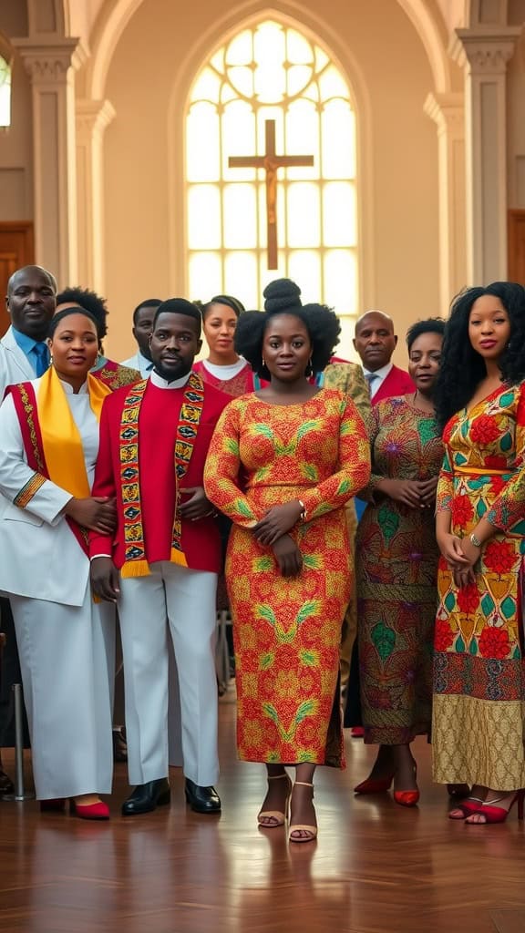 A group of choir members in African-inspired outfits posing in a church