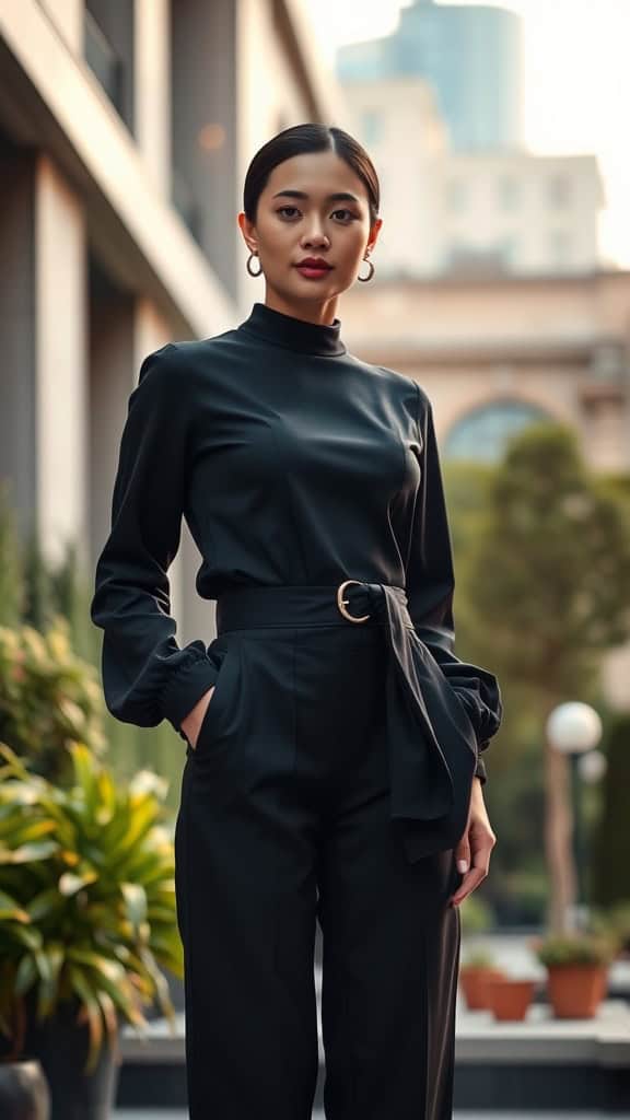 A woman in an all-black outfit with a statement belt, standing confidently outdoors.