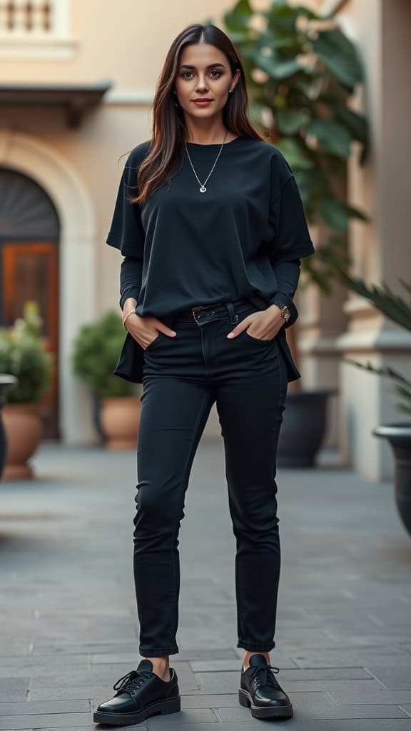 A woman in an all-black outfit consisting of a black tee, black jeans, and black sneakers, standing in an outdoor setting.