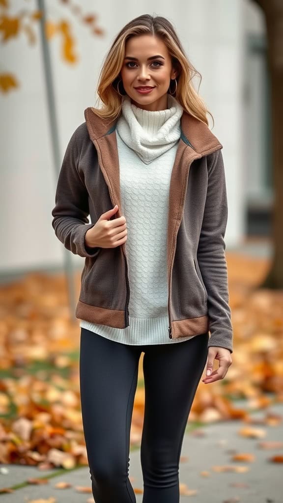 A woman wearing thermal leggings, a turtleneck, and a fleece jacket, showcasing a modest sporty outfit in an outdoor setting.