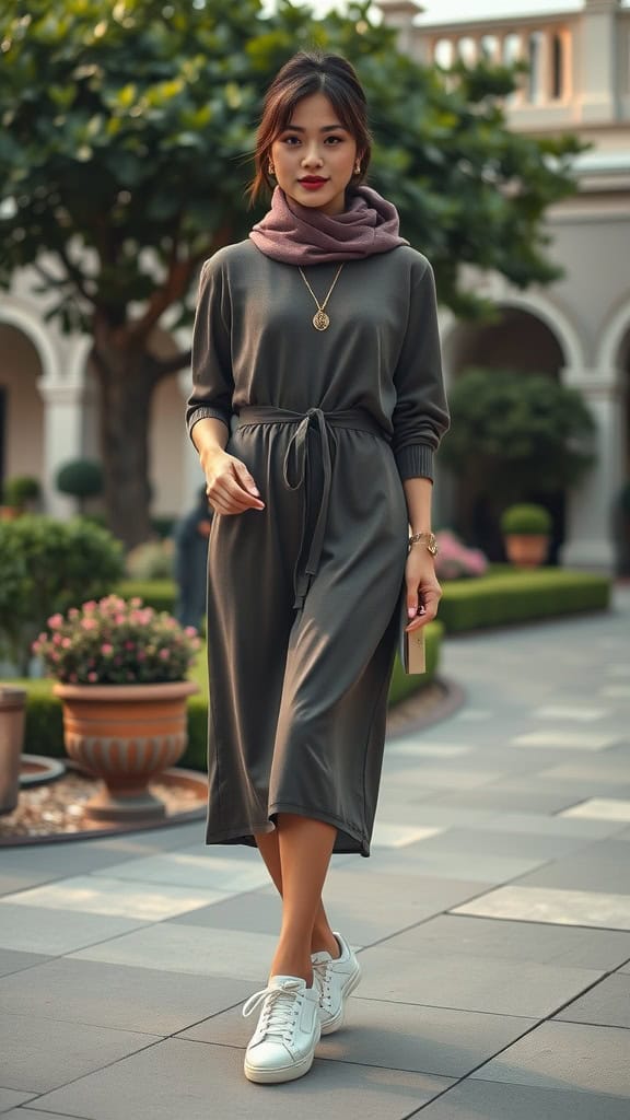 A woman wearing an ankle-length dress with sneakers, complemented by a scarf, standing in an outdoor setting.