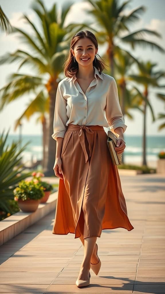 A woman walking in a modest vacation outfit featuring an ankle-length skirt and a tied button-down shirt, surrounded by palm trees.