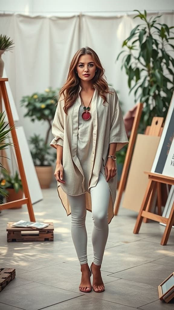 A woman in a beige oversized shirt and white leggings standing in an artistic studio