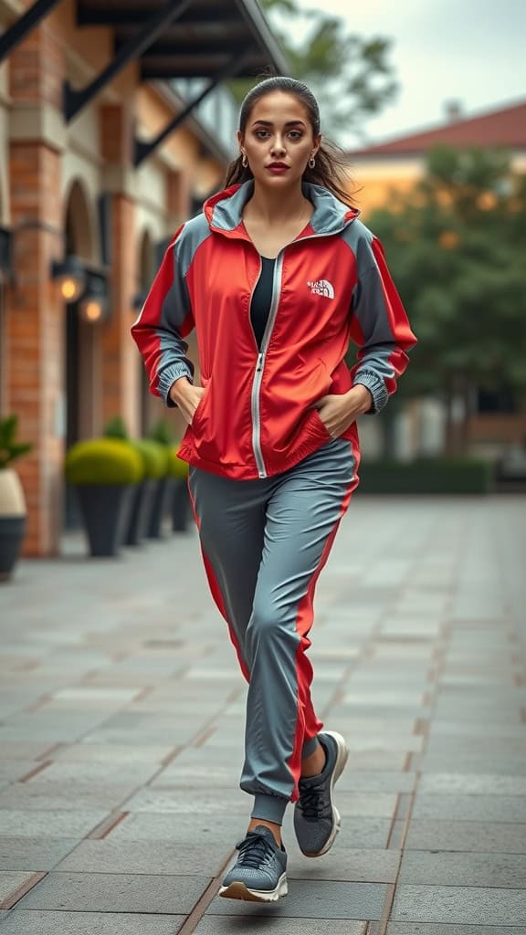 A woman in a red and gray windbreaker and joggers, walking confidently in a casual urban setting.