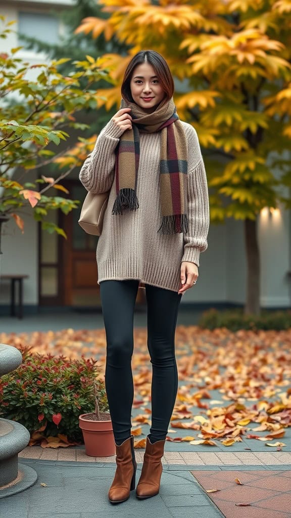 A woman in a cozy beige sweater, black leggings, and brown ankle boots, standing in an autumn setting with colorful leaves.