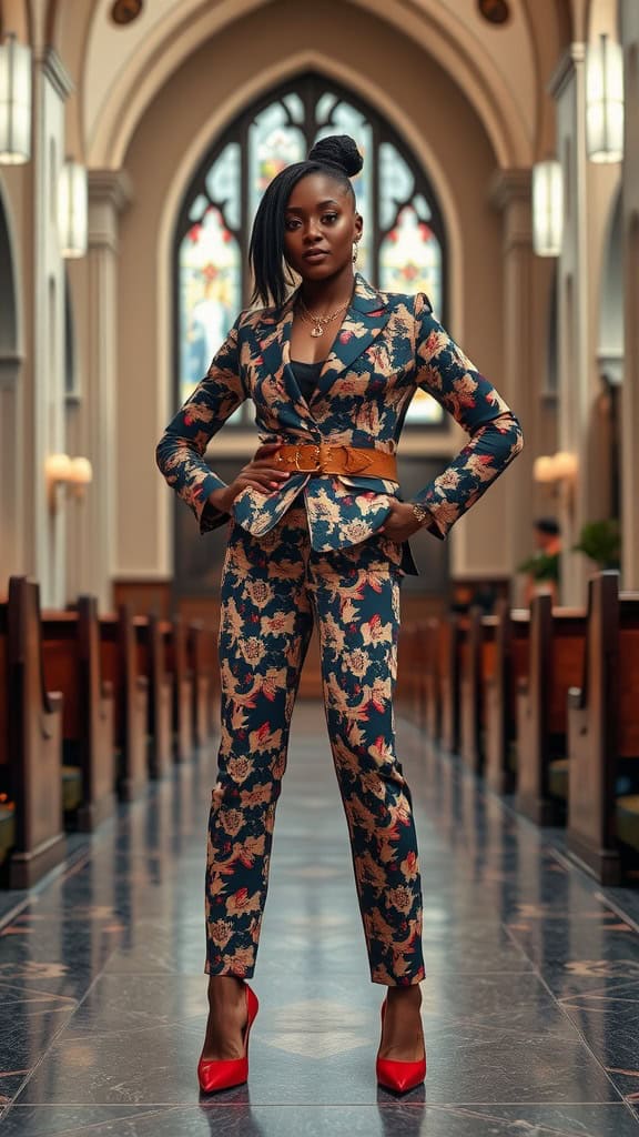 A woman stands confidently in a floral printed suit inside a church, showcasing a stylish and modern baddie outfit.