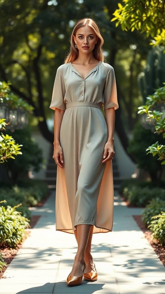 A woman in a flowy midi dress and classic ballet flats walking through a garden pathway.