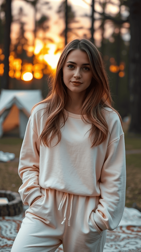 A girl wearing a calming loungewear outfit with a Bible verse print, showcasing a relaxed and stylish look at camp.