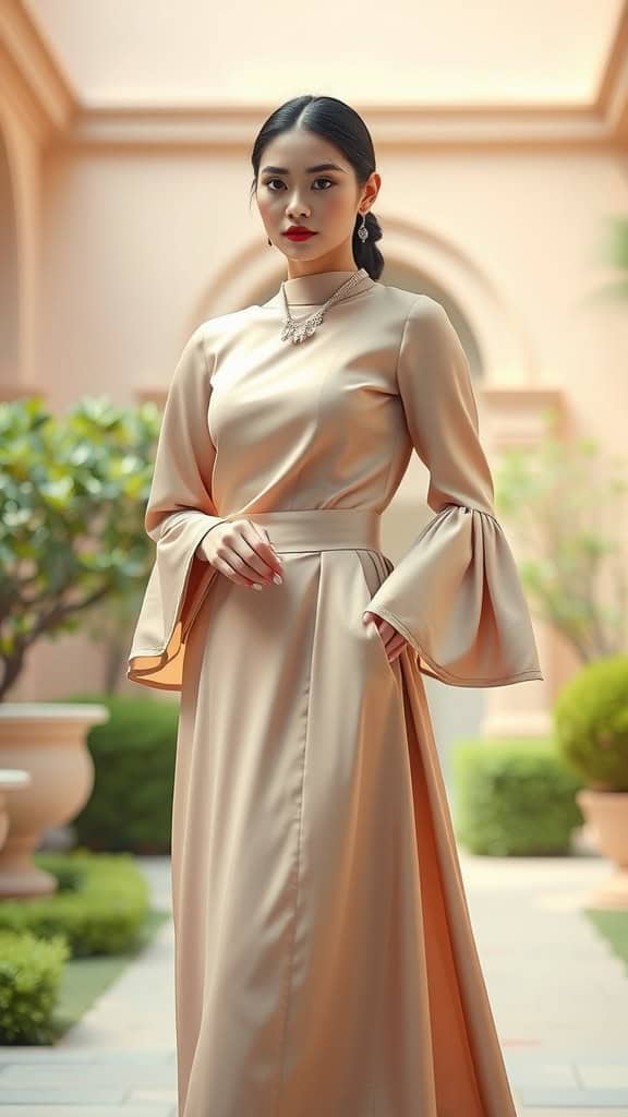 A woman in a neutral-toned bell-sleeve dress standing elegantly in a garden setting.