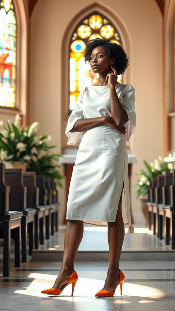 A woman in a bell sleeve shift dress stands in a church, showcasing a stylish yet modest outfit.