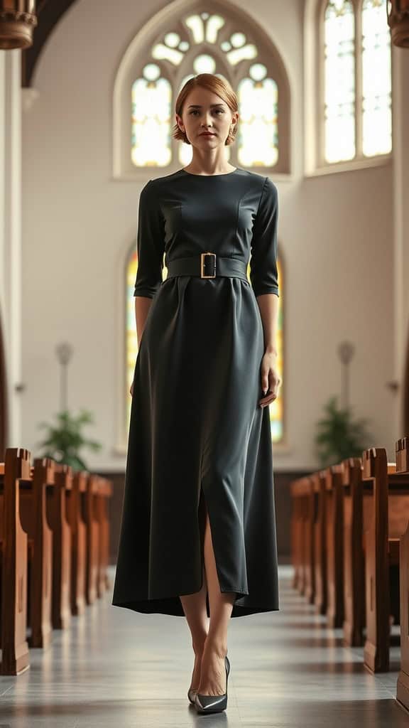 A woman modeling a belted fit-and-flare church dress with a slit and closed-toe heels in a church setting.