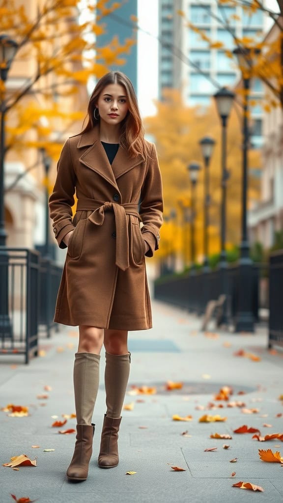 A woman wearing a belted brown coat dress with ankle boots, standing outdoors surrounded by autumn leaves.