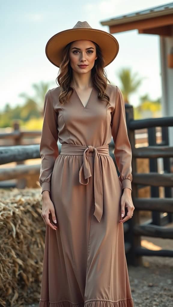 A woman wearing a belted midi dress and a wide-brimmed hat, standing in a rustic outdoor setting.