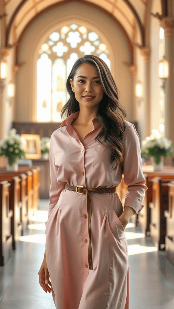 A mannequin wearing a belted shirt dress with a scarf, holding two bags, set in the interior of a church