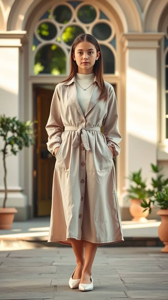 A girl wearing a belted shirt dress standing outside a building