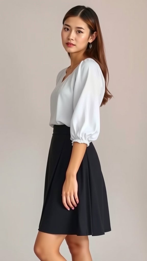 A woman in a black A-line skirt and white puff-sleeve blouse standing in a garden area.