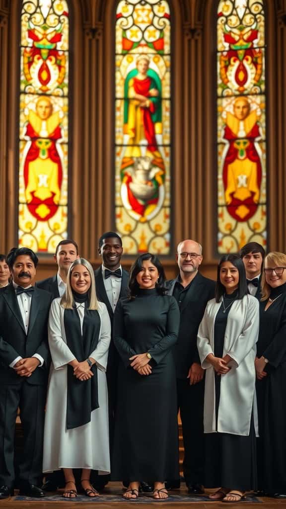 A group of choir members in black and white outfits posing in front of stained glass windows.