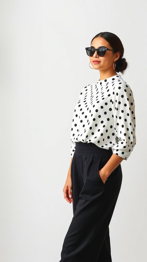 A model showcasing a black and white polka dot blouse paired with a stylish formal skirt, standing in a clothing store.