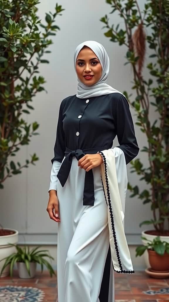 A woman wearing a black and white modest outfit with an elegant hijab, standing in a lush indoor setting.