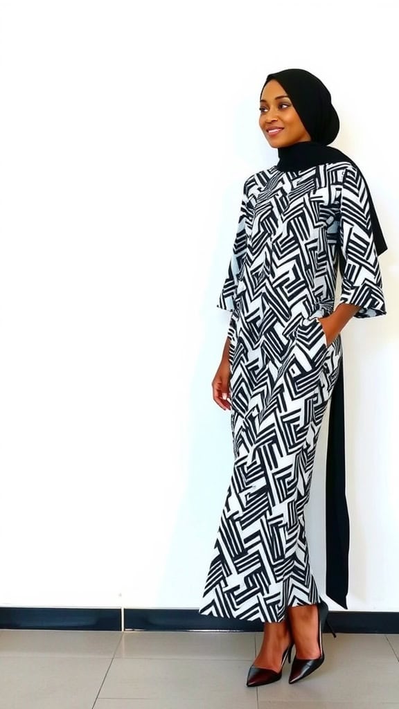 A woman in a geometric patterned modest outfit, standing with confidence among dress mannequins.