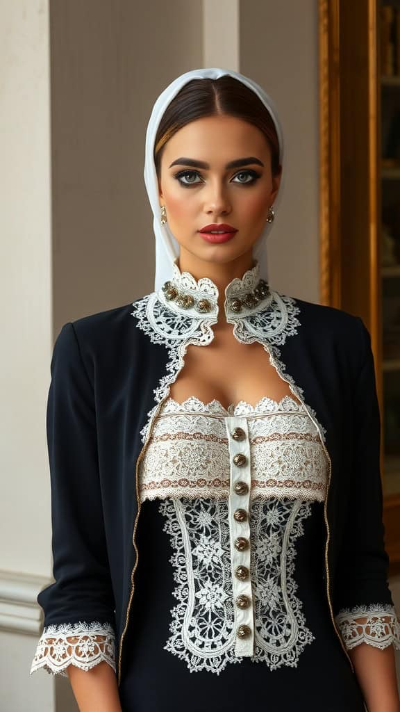 A model showcasing a black and white modest outfit with lace-trimmed details, featuring a fitted white jumpsuit and a black outer piece.