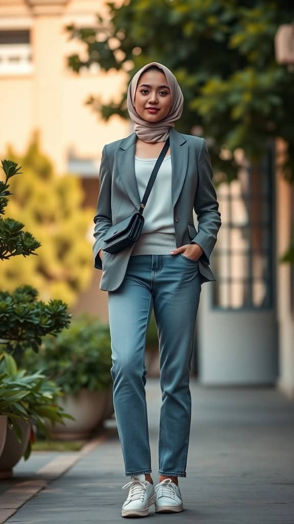 A young woman wearing a fitted blazer and straight jeans, standing confidently outdoors