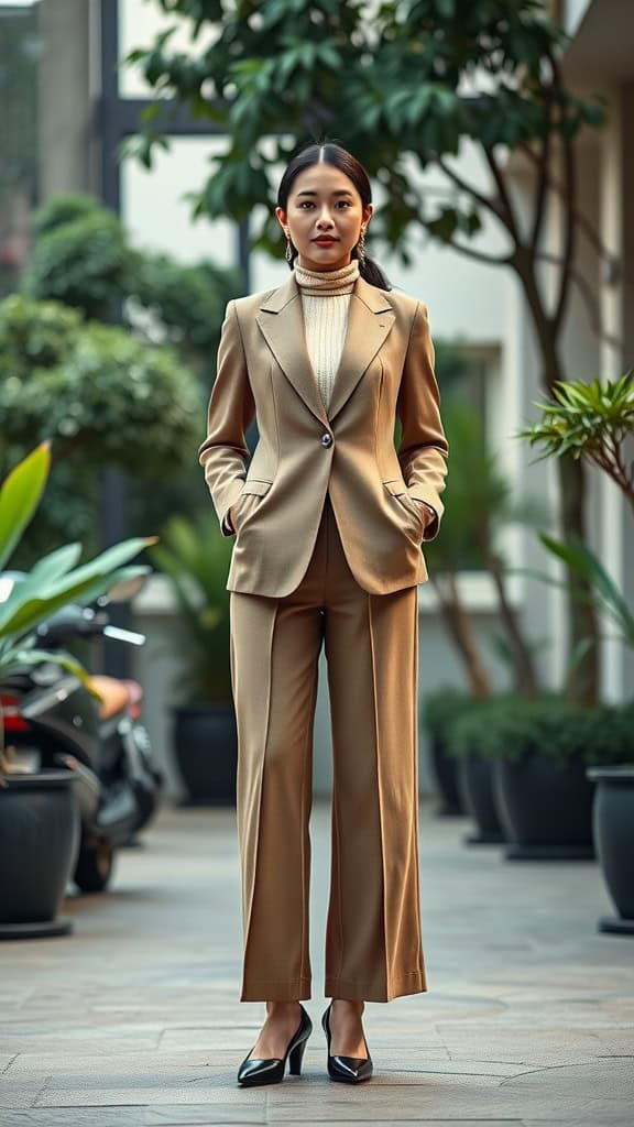 A woman in a tailored blazer and cropped wide-leg trousers, standing confidently in a lush outdoor setting.