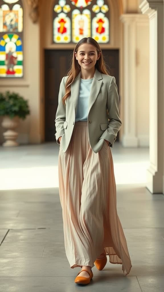 A teenage girl wearing a light blazer and a long, flowing maxi skirt, smiling in a church setting with stained glass windows.