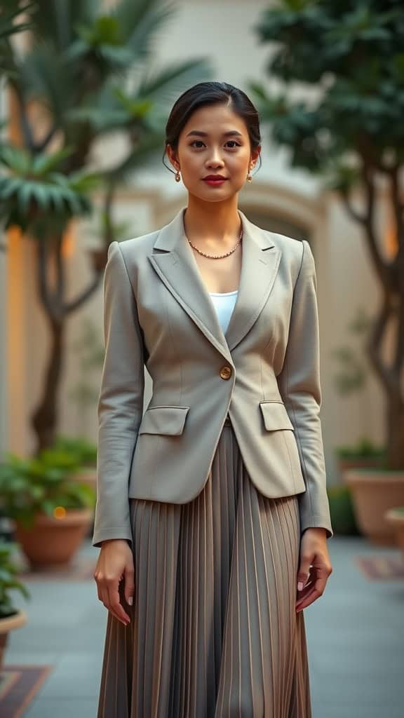 A woman wearing a beige blazer and pleated skirt, looking professional and stylish.