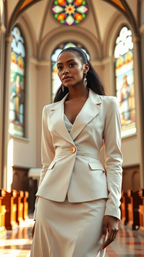 A woman wearing a fitted blazer and an A-line dress stands in a church with stained glass windows in the background.