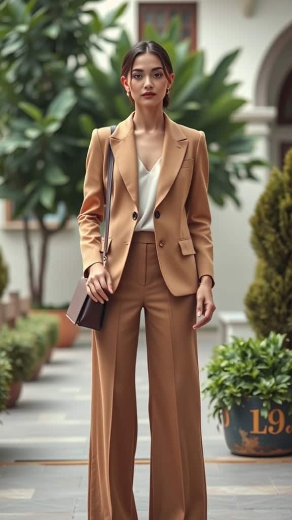 A woman wearing a tailored blazer and wide-leg pants, standing in a stylish outdoor setting.