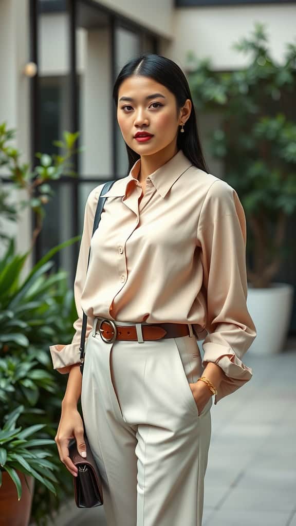 A woman in a beige blouse and high-waisted trousers stands in an office-like environment with plants around her.