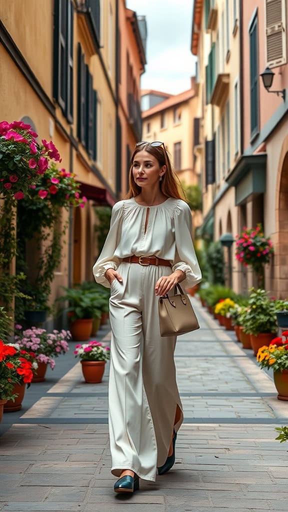 A woman wearing a brown blouson top and palazzo pants, walking in a charming European street lined with potted flowers.