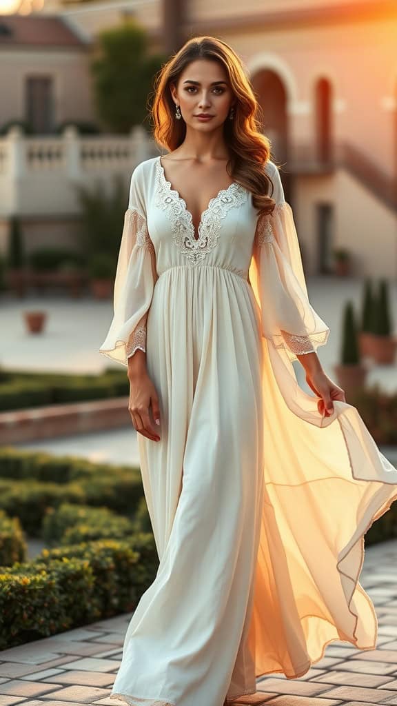 A model wearing a flowing bohemian maxi dress with lace details, standing in a garden at sunset.