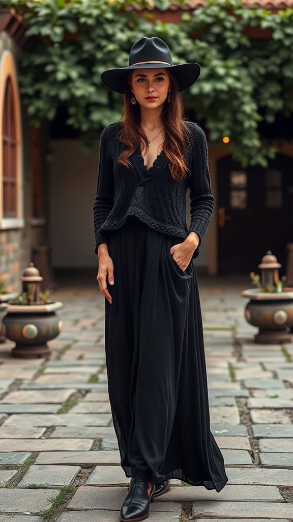 Woman in a black maxi skirt, crochet sweater, and wide-brim hat standing in a courtyard.