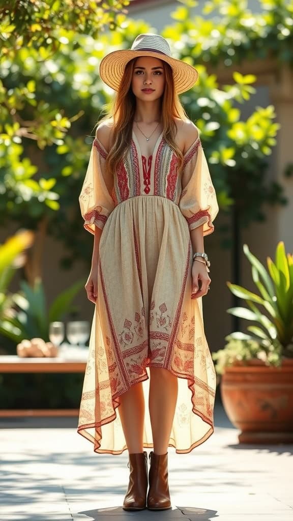 A woman in a boho-inspired outfit featuring a peasant dress, wide-brim hat, and ankle boots, surrounded by greenery.