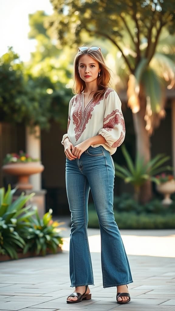 A young woman wearing a flowy peasant blouse with flared jeans and sandals, showcasing a boho style.