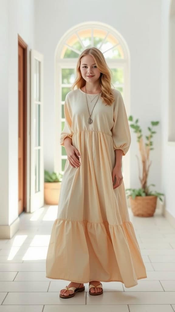 Teen girl wearing a pale yellow boho maxi dress and sandals in a bright room