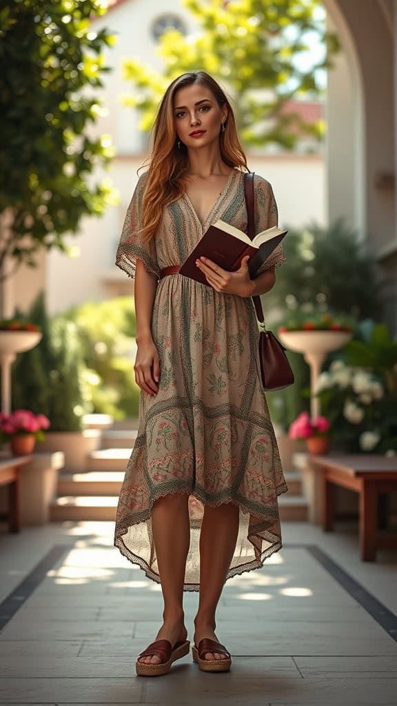 A woman in a boho midi dress and espadrilles, holding a book, standing in a bright outdoor setting.