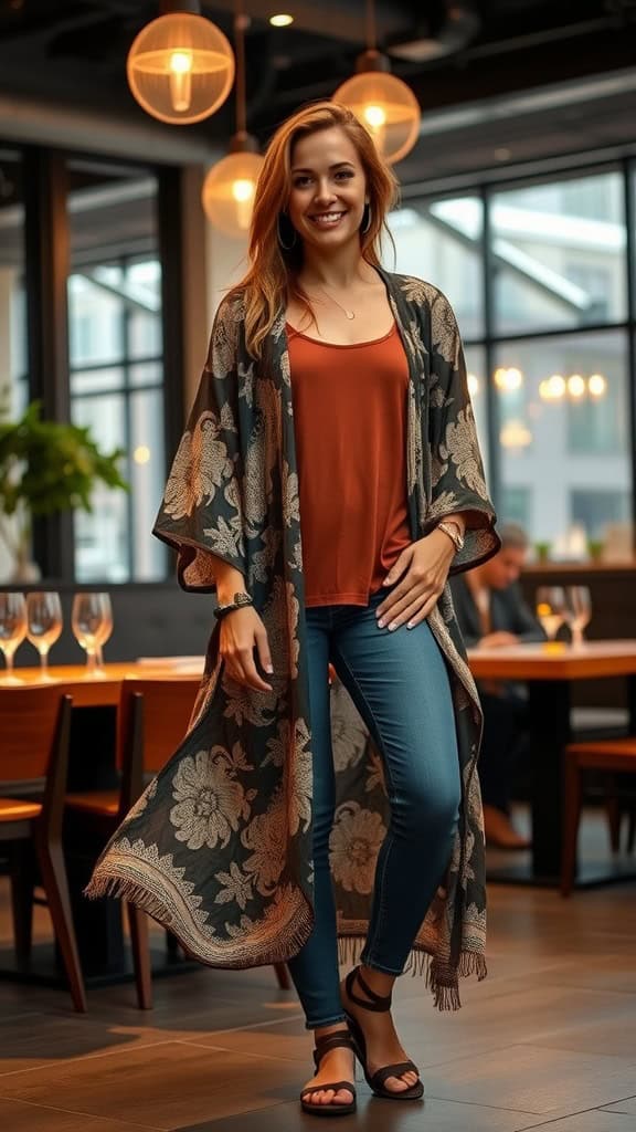 A woman wearing a flowing kimono over a fitted top and skinny jeans, standing in a cozy outdoor dining area.