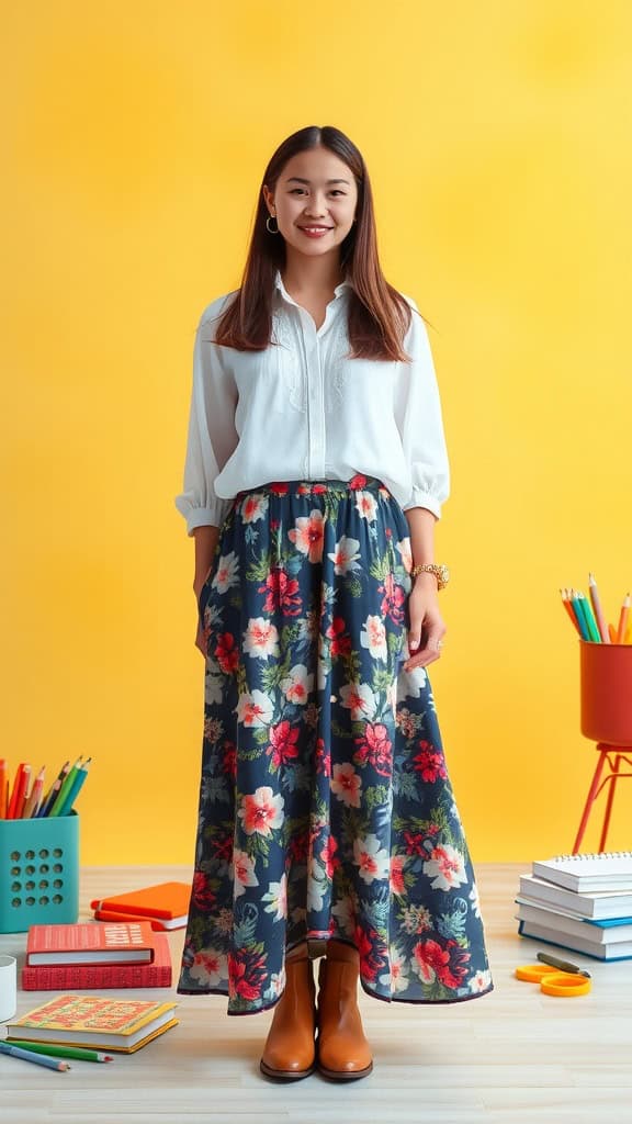 A young woman wearing a floral maxi skirt and a flowy blouse, paired with ankle boots, standing in a school courtyard.