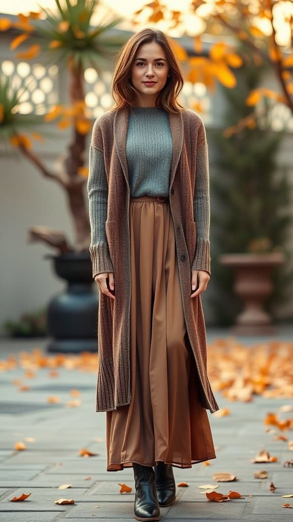 A woman wearing a long cardigan over a flowy maxi dress, styled with black boots, surrounded by autumn leaves